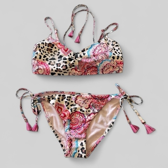 Nanette Lepore Azalea Adjustable Bikini Sz 10 Pink Black Leopard Paisley - Picture 1 of 14